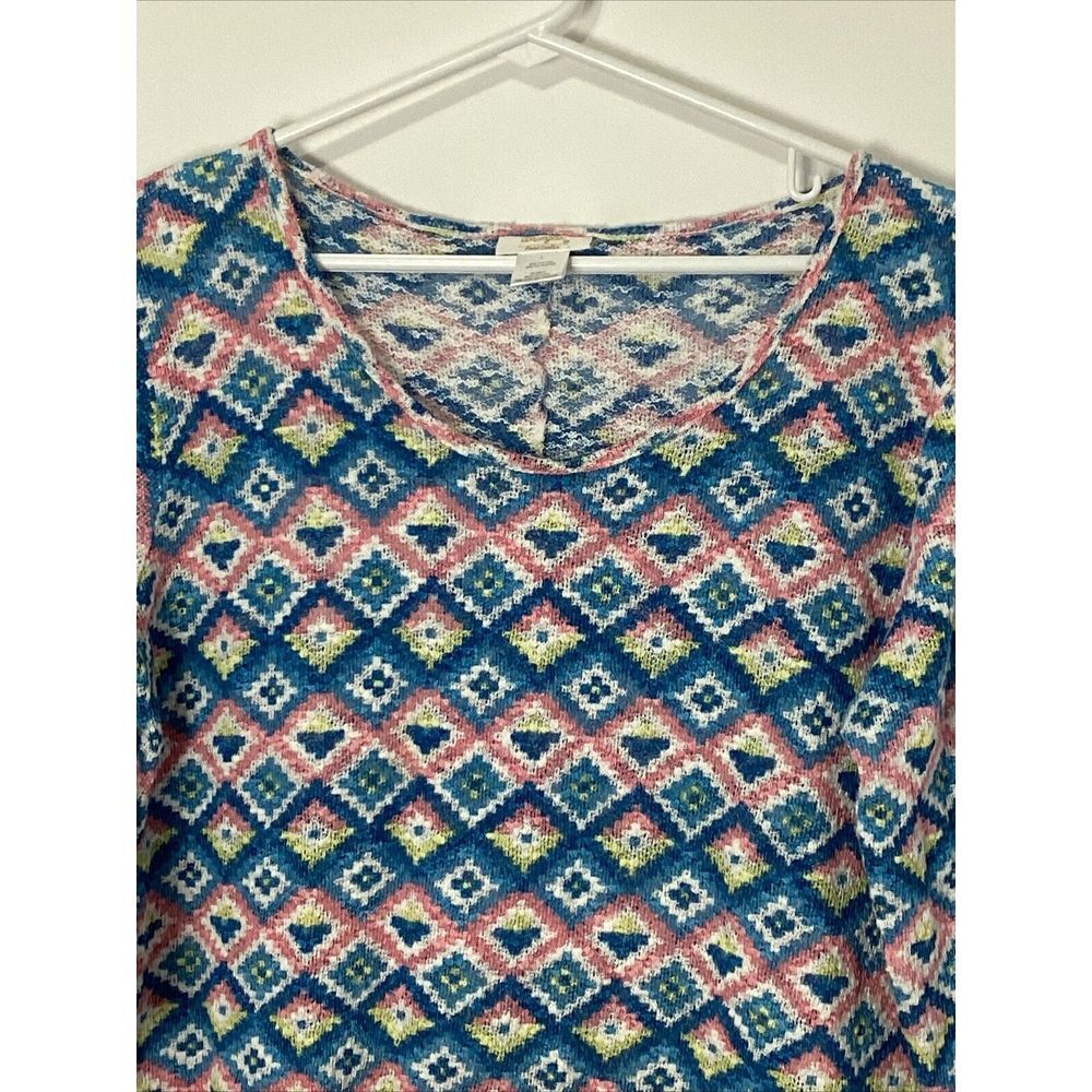 Wrangler Womens Pink/blue/yellow Aztec Lacey 3/4 Sleeve Top Split Tail